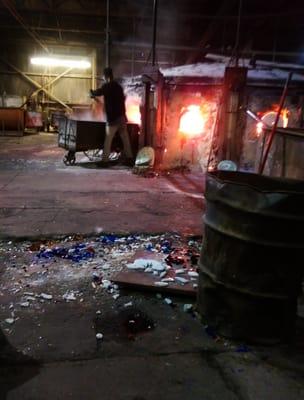 Watching a KOG employee load a furnace at the Kokomo Opalescent Glass 150-year-old foundry. This was a great tour!