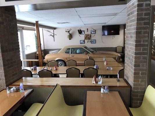 Car on display in dining area