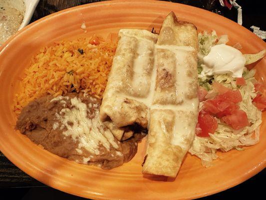 My favorite dish,  Chimichangas fried one chicken one beef. I love going here with colleagues after work for Taco Tuesday!