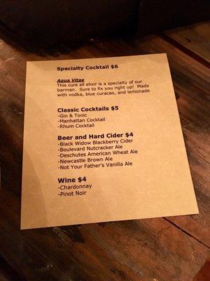 Drink menu -Murder in a Jerkwater Town