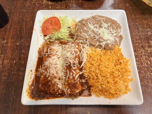 Two beef enchiladas with red sauce combination plate