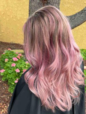 Rosegold/mauve haircolor and cut by Lacy