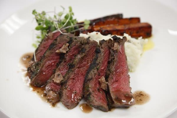 Beef tender, Ginger Glazed Carrots, Mashed Potatoes with micro greens