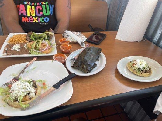 Carne asada plate, sopes and tamal