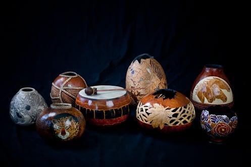 A lovely collection of gourd artwork.