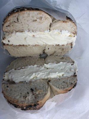 Toasted everything bagel with plain cream cheese