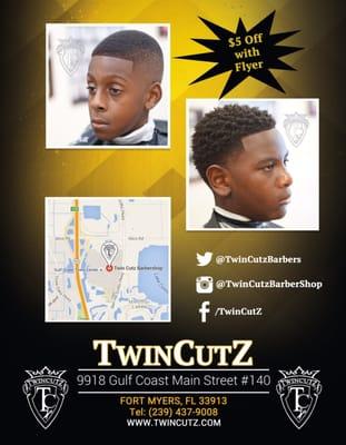 Receive five dollars off for first-time customers when who print this flyer out and bring it to TwinCutZ