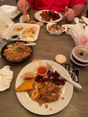 Shrimp fried rice, crab and cheese wonton, spare ribs, scallion pancake, general gso