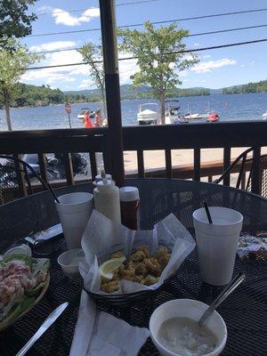 View from patio looking at Newfound Lake. Lobster salad.