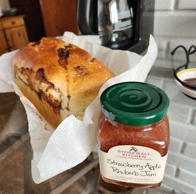 Cinnamon swirl bread and strawberry apple rhubarb jam