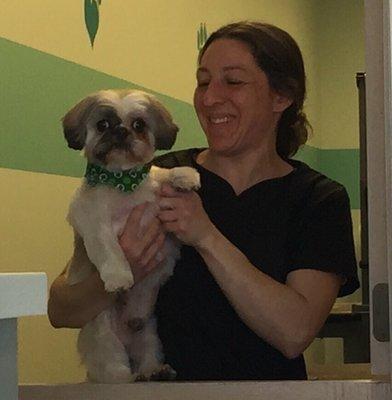 "Maxwell and his New Groomer Jenny" she is Awesome!!!