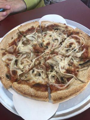 Ordered as light cheese and mushroom and onion. It is loved and may be her new way of getting pizza.