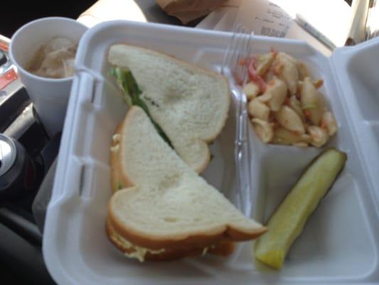 Chicken Salad Sandwich on white bread (untoasted), with Pasta Salad, and a very nice Dill Pickle spear.