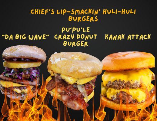 Our three Island lip-smackin' huli burgers.