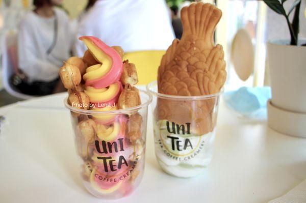 Strawberry & Mango Swirl Soft Serve in Egg Waffle ($6.95), Milk & Matcha Swirl Soft Serve in Taiyaki ($7.50)