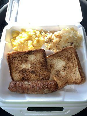 Cheese eggs, hash browns, Chicken Sausage Breakfast, Toast.