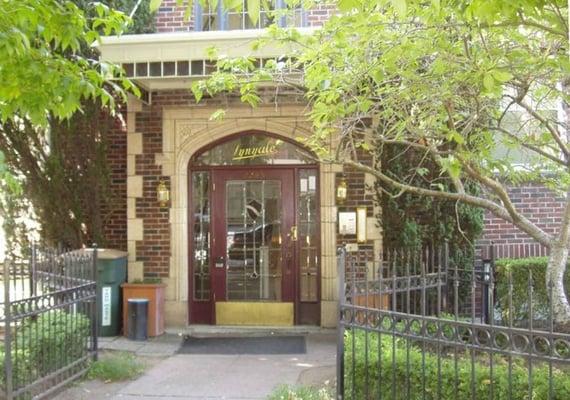 Decorative front door that usually locks.