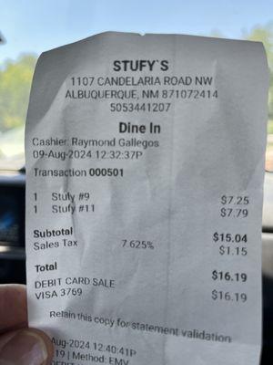 Stufy's.  Receipt.