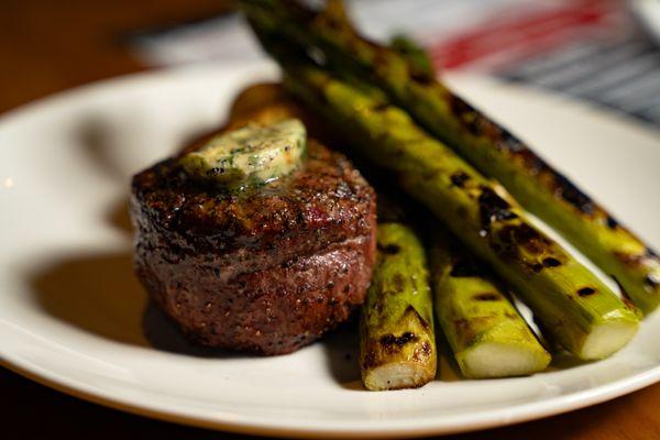 Stockyard Filet - 7oz Chargrilled Filet Mignon, Smashed Potatoes, Grilled Asparagus, Herb Butter