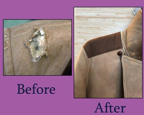 Here is an example of the work done by Nabil's of Rochester when it comes to saving garments. A jacket that had a hole in it was saved, when