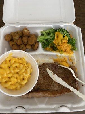 Steak dinner with three sides. Also comes with your choice of bread or chips and salsa.