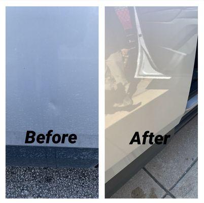 Before and after of door dent.