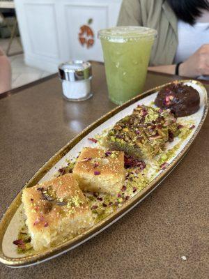 (Left to Right) Harissa, Kunafah Pistachio, Donut, Lemonada