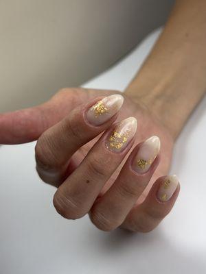 Russian Manicure finished with hard gel and golden leaf design