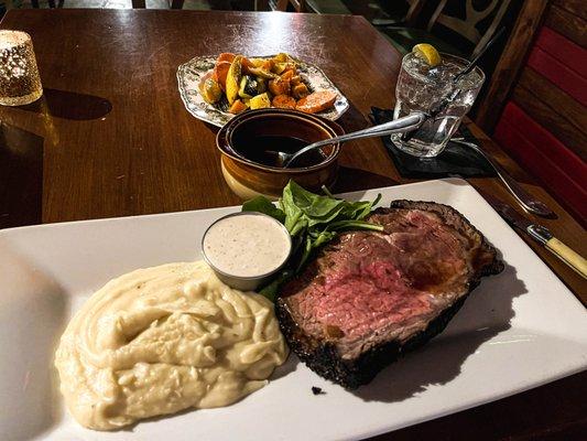 Holiday prime rib w/ au jus, creamed horseradish, and mashed potatoes.