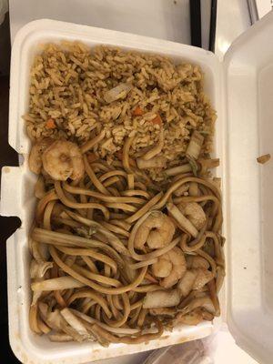 Lunch special: shrimp lo mein and fried rice