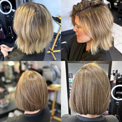 Dark blonde brunette accents. Slight a-line bob