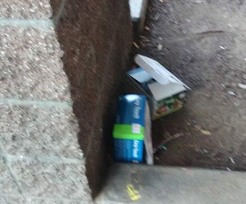 two 100 pack of drug syringes stashed in the property next to the sidewalk that is frequented by drug addicts, dealers and transients.