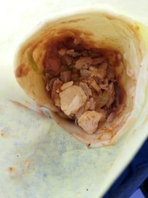 Inside of my chix, bean & cheese burrito. It was supposedly Christmas style. However, I didn't taste any red or green chile :-\