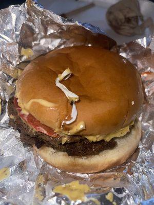 Burger with bread tie on top for better view