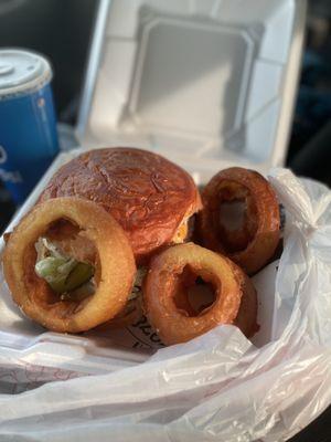 Handmade burger and onion rings right down to the sliced jalapeños