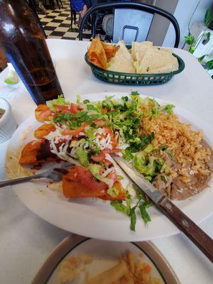 3 cheese enchiladas w/ rice and refried beans.  A little expensive for what you get but very good.