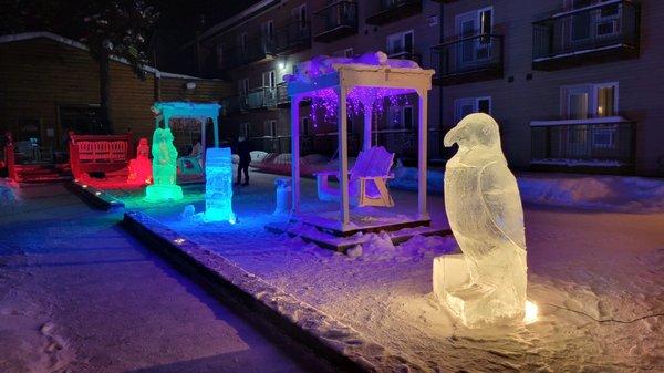 Ice sculptures in the grounds of hotel.