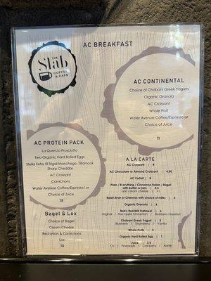 The Slab Breakfast Menu