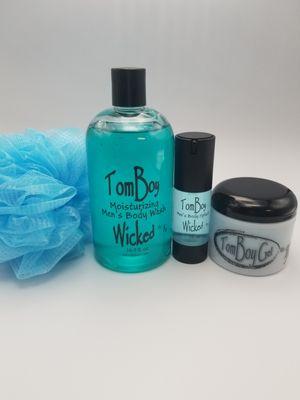 TomBoy Wicked Moisturizing Body Wash, Body Splash and Hair Gel giftset.  Fresh Clean scent.