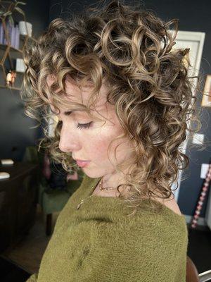 Color curl cut with a curl style. No hot tools or perms. All natural curl.