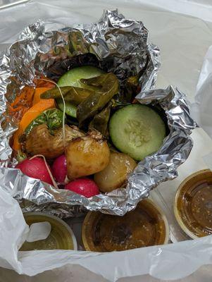 veggies and pickles - great roasted onions!