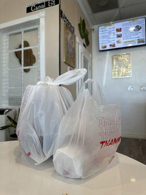 Takeout is a must. Pho soup(steak, meatball, and shrimp). Shrimp poboy sandwich.