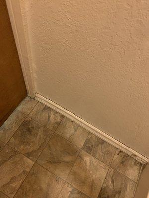 FILTHY bathroom floor and baseboard.