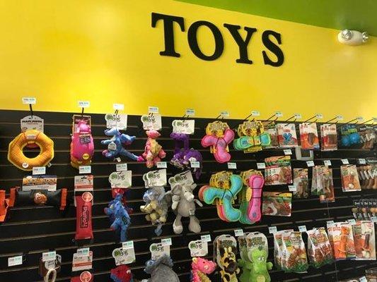 Wide section of toys from squeakers to ropes and to the famous Benebones and Nylabones