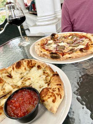 Mikey Meatball pizza and Cheezy Neapolitan bread, outdoor veranda