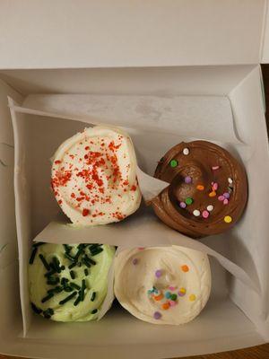 red velvet (left), chocolate (right), mint (bottom left), vanilla (bottom right)