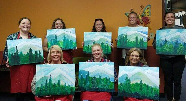 Ladies having a blast painting at a Bachelorette party at our Fishers studio!