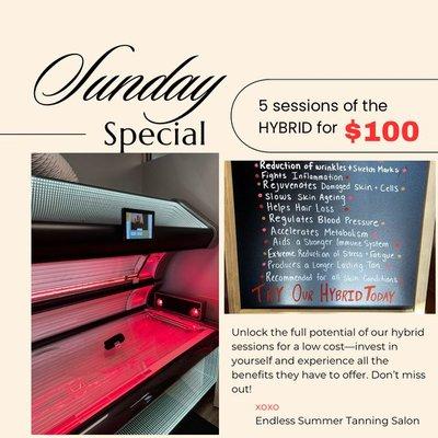 Combines UV and red light tanning for an upgraded beauty booster!  Our Hybrid is the perfect option