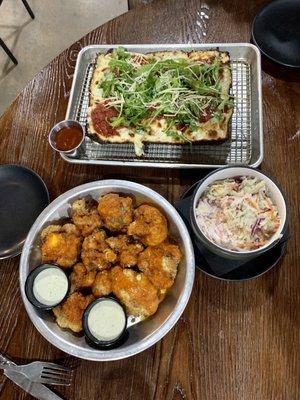 Detroit style veggie pizza, cauliflower wings and coleslaw