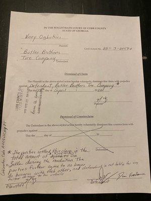 The settlement agreement from Cobb County GA this year against the defendants Butler Tire d/b/a Butler Brothers Tire Company